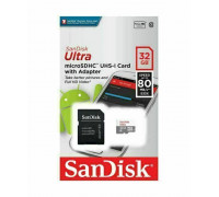 Карта памяти micro SDHC 32Gb SanDisk; Class 10; UHS-I 48MB/s Ultra; With SD-adapter (SDSQUNR-032G-GN3MA)