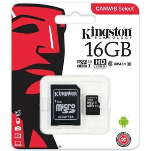 Карта памяти micro SDHC 16GB Kingston Canvas Select Class 10 UHS-I U1 + SD-адаптер (SDCS/16GB) 