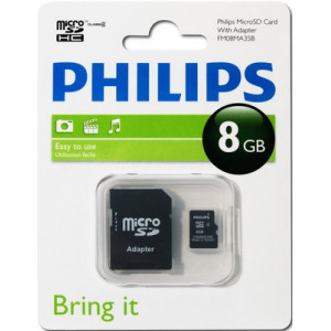 Карта памяти micro SDHC 8Gb Philips; (FM08MA35B/97); Class 4, with SD-adapter