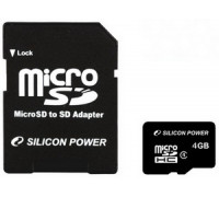 Карта памяти micro SDHC 4Gb Silicon Power; Class 4; With SD-adapter (SP004GBSTH004V10-SP)