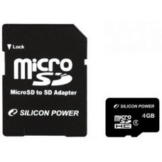 Карта памяти micro SDHC 4Gb Silicon Power; Class 4; With SD-adapter (SP004GBSTH004V10-SP)