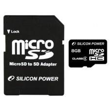 Карта памяти micro SDHC 8Gb Silicon Power; Class 4; With SD-adapter (SP008GBSTH004V10-SP)