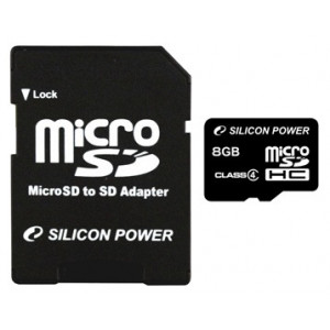 Карта памяти micro SDHC 8Gb Silicon Power; Class 4; With SD-adapter (SP008GBSTH004V10-SP)
