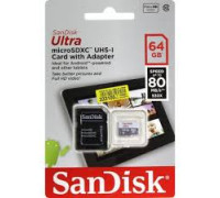 Карта памяти micro SDXC 64Gb SanDisk; Ultra; Class 10 UHS-I; Max 80/10Mb/s; (SDSQUNS-064G-GN6TA)