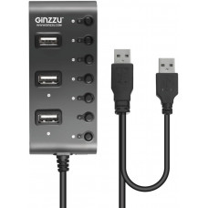 USB разветвители (HUB) Ginzzu GR-487UAB; 7ports USB2.0 + adapter 5V/2.1A; Black