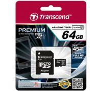 Карта памяти micro SDXC 64Gb Transcend; Class 10 UHS-I Premium 300X; With SD-adapter (TS64GUSDU1)